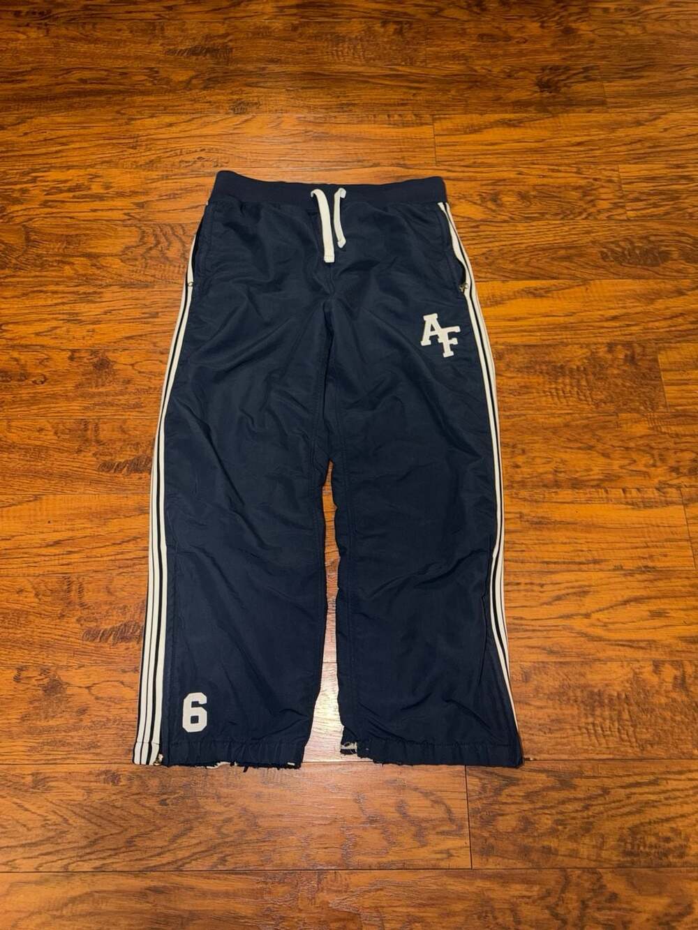 Vintage Y2K Abercrombie & Fitch Navy Blue Track Pants with White Stripes and Num